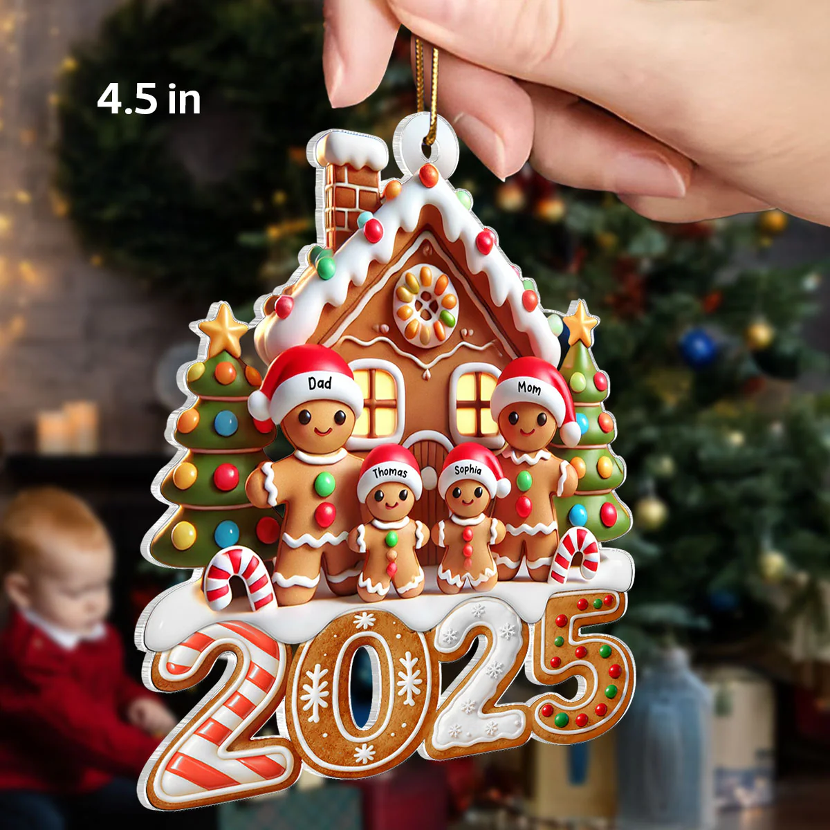 3D Effect 2025 Gingerbread Family With Gingerbread House - Personalized Acrylic Ornament - Image 2
