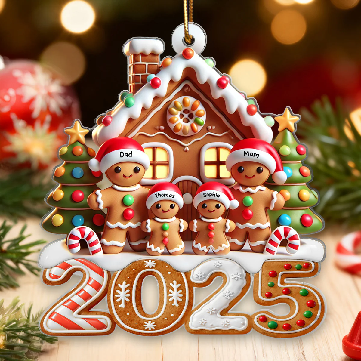 3D Effect 2025 Gingerbread Family With Gingerbread House - Personalized Acrylic Ornament - Image 4