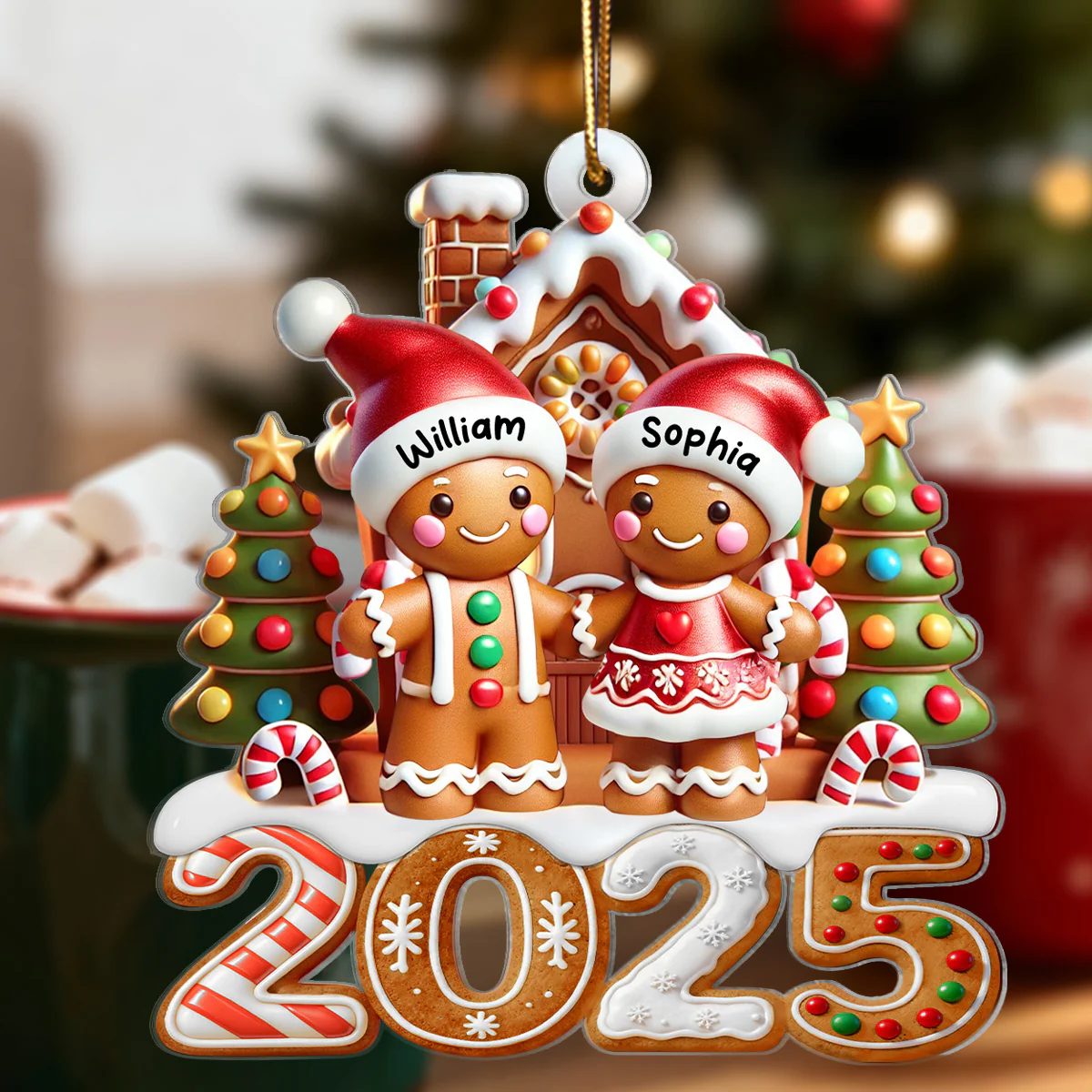 3D Effect 2025 Gingerbread Family With Gingerbread House - Personalized Acrylic Ornament - Image 5