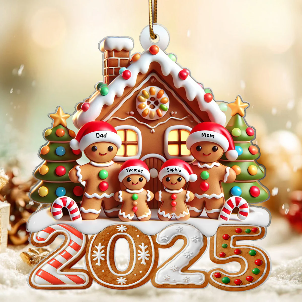 3D Effect 2025 Gingerbread Family With Gingerbread House - Personalized Acrylic Ornament - Image 6