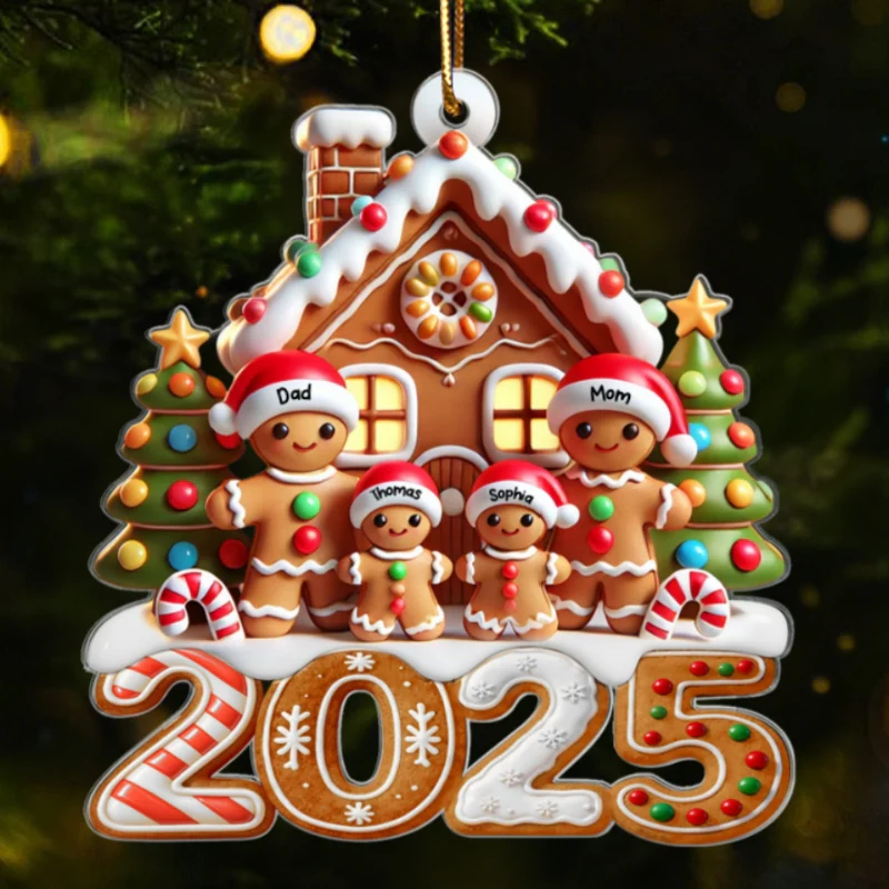 3D Effect 2025 Gingerbread Family With Gingerbread House - Personalized Acrylic Ornament - Image 8