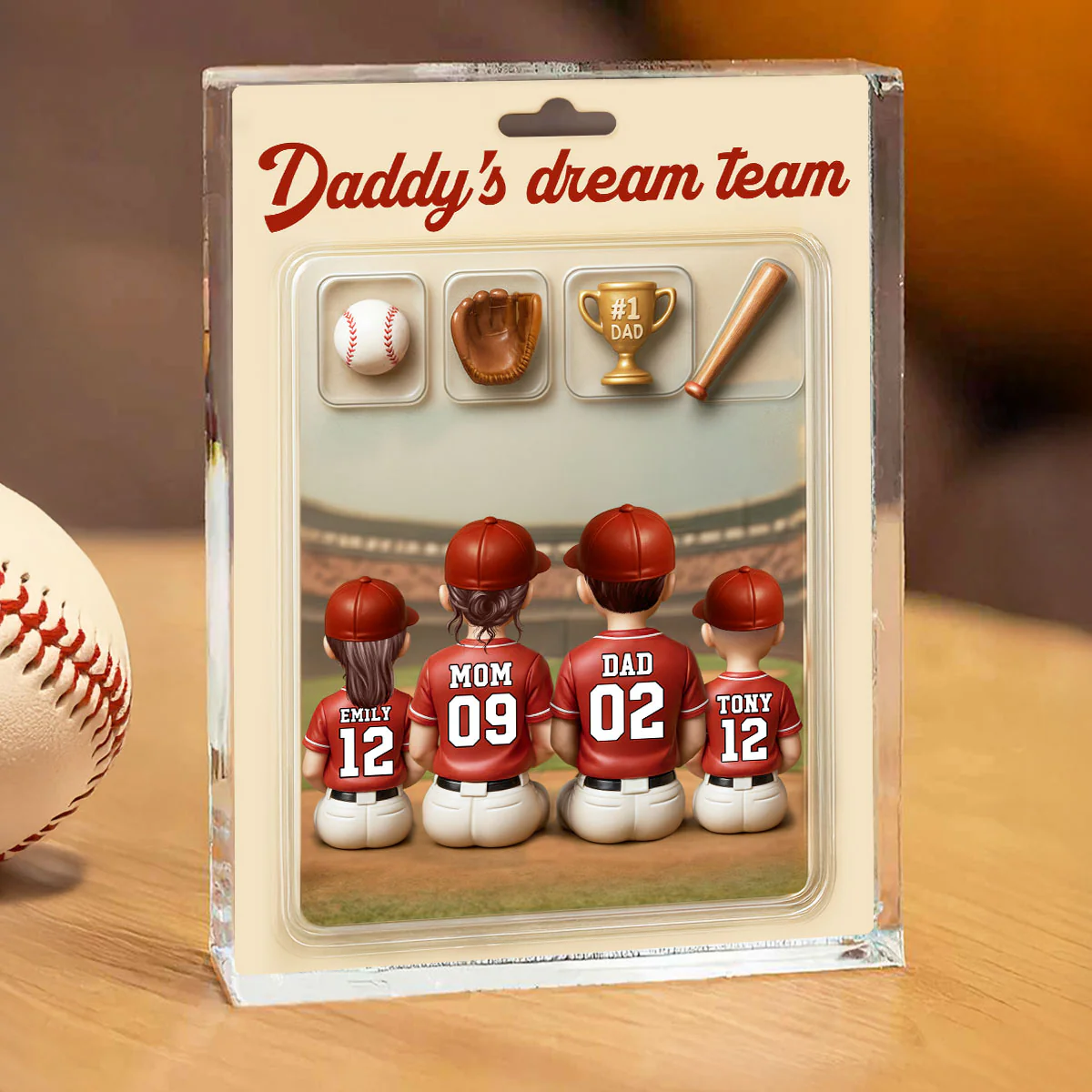 3D Effect Custom Figure Baseball Family Daddy's Dream Team Personalized Rectangle Acrylic Block Plaque