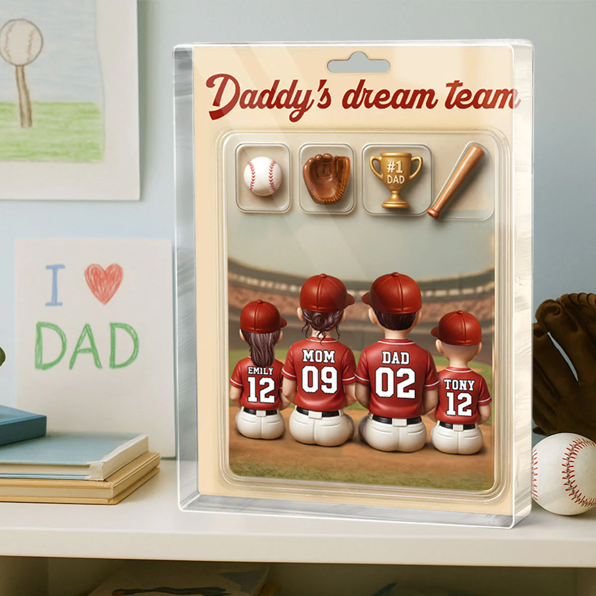 3D Effect Custom Figure Baseball Family Daddy's Dream Team Personalized Rectangle Acrylic Block Plaque - Image 2