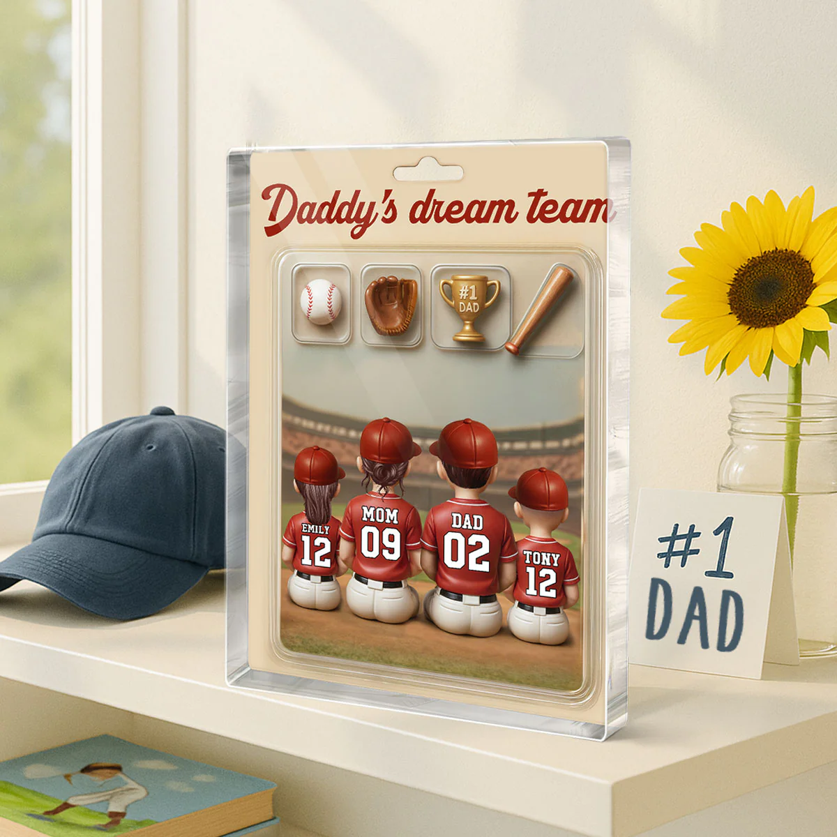 3D Effect Custom Figure Baseball Family Daddy's Dream Team Personalized Rectangle Acrylic Block Plaque - Image 6