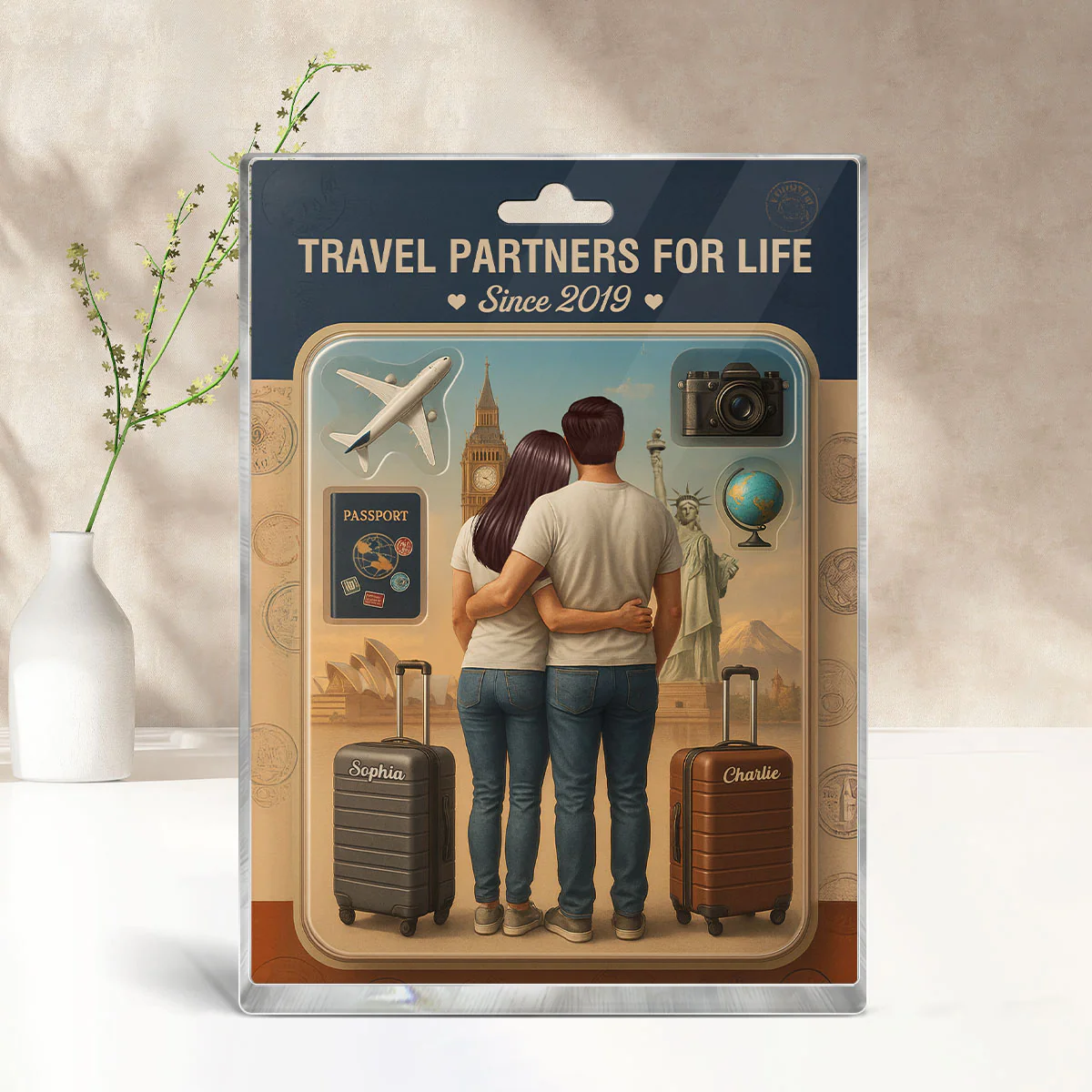 3D Effect Custom Figure Couple Traveling Partners For Life Personalized Rectangle Acrylic Block - Image 2