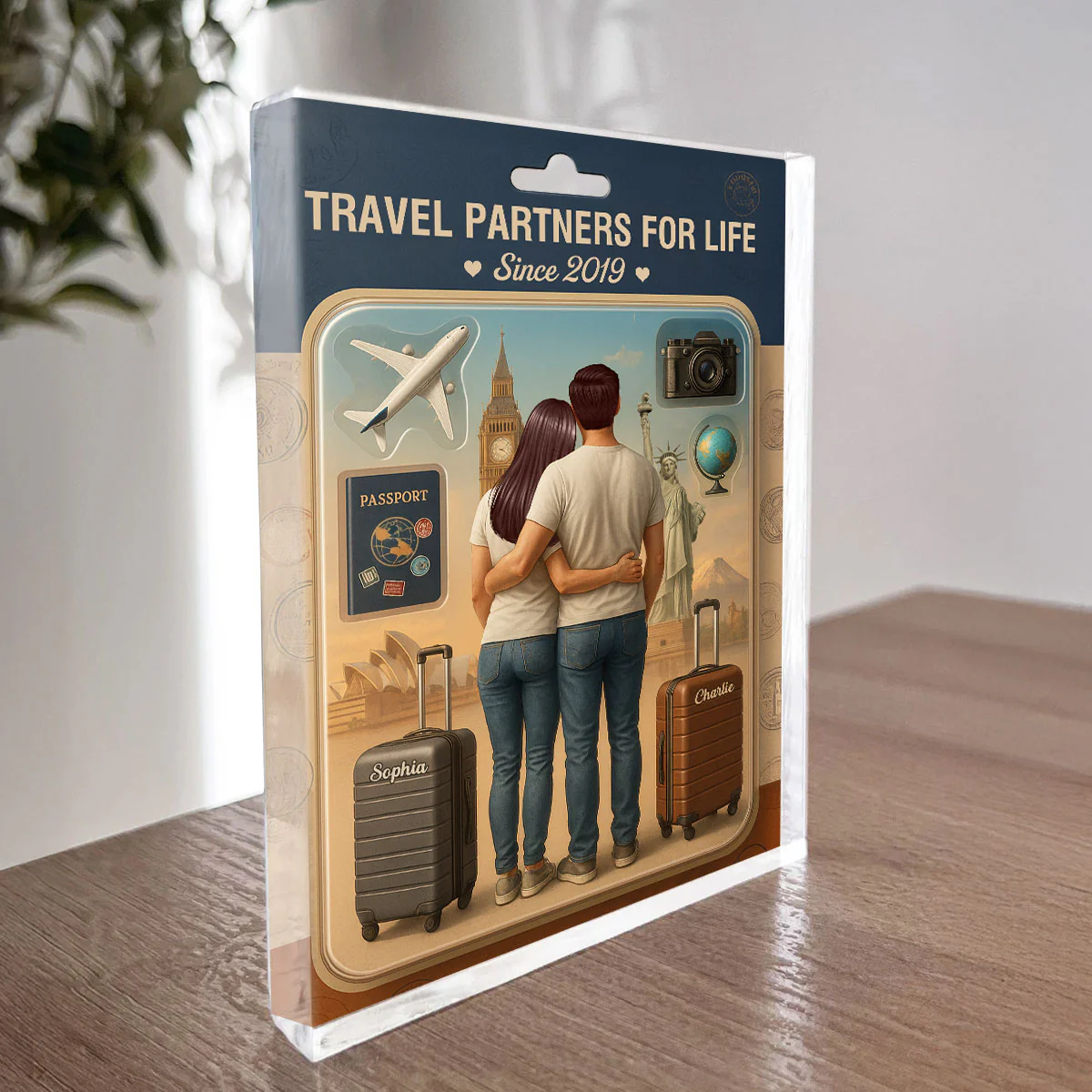 3D Effect Custom Figure Couple Traveling Partners For Life Personalized Rectangle Acrylic Block - Image 5