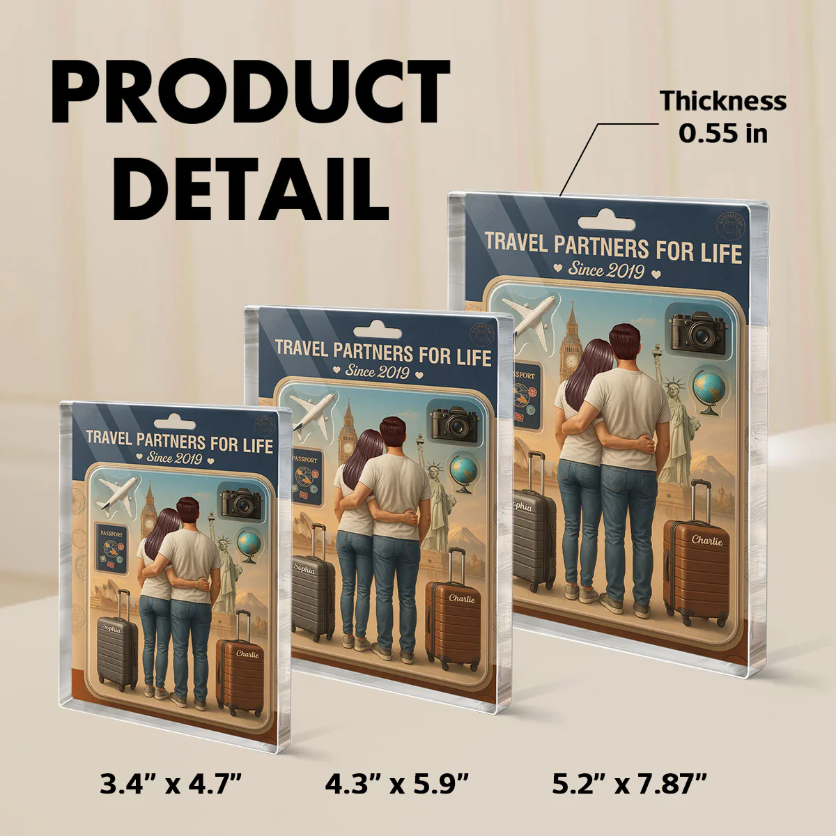 3D Effect Custom Figure Couple Traveling Partners For Life Personalized Rectangle Acrylic Block - Image 6