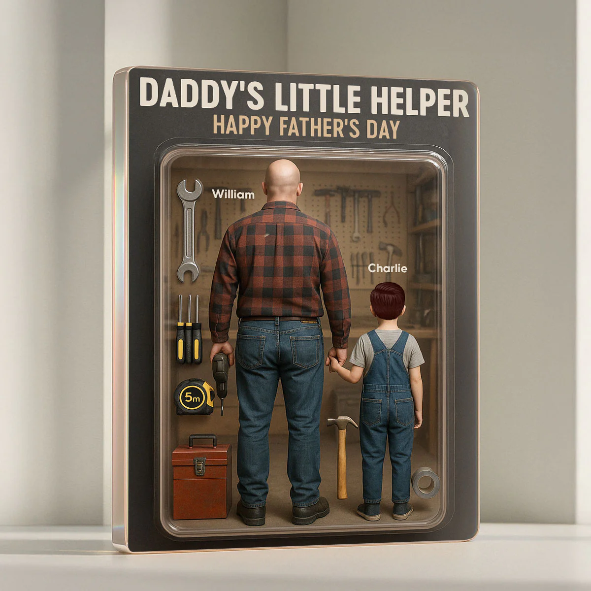 3D Effect Daddy's Little Helper Custom Figure Personalized Flat Rectangle Acrylic Block, Gift For Dad - Image 2