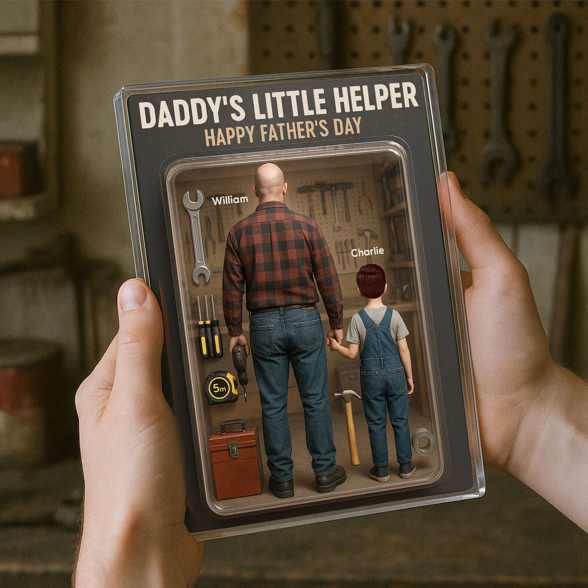 3D Effect Daddy's Little Helper Custom Figure Personalized Flat Rectangle Acrylic Block, Gift For Dad - Image 3