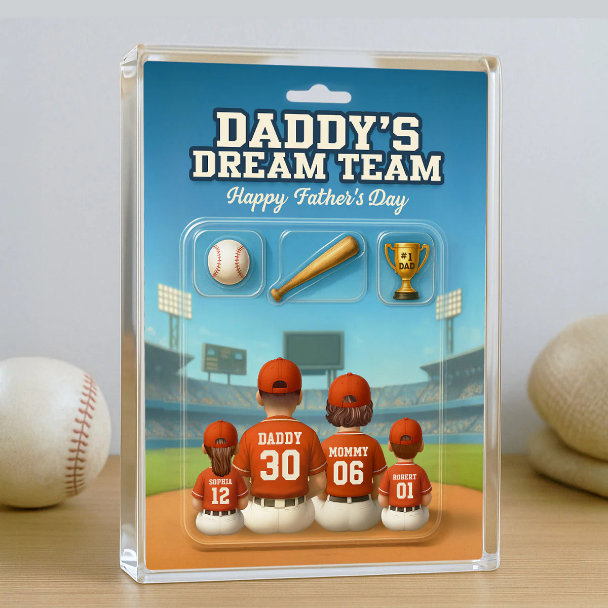 3D Effect Custom Figure Baseball Family Daddy's Dream Team Personalized Flat Acrylic Block Plaque, Unique Gift For Dad, Husband
