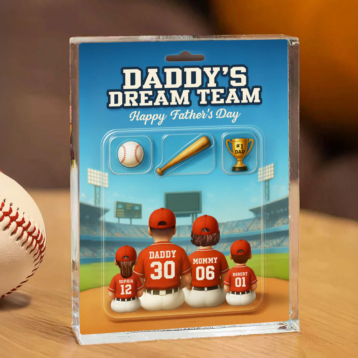 3D Effect Custom Figure Baseball Family Daddy's Dream Team Personalized Flat Acrylic Block Plaque, Unique Gift For Dad, Husband - Image 2
