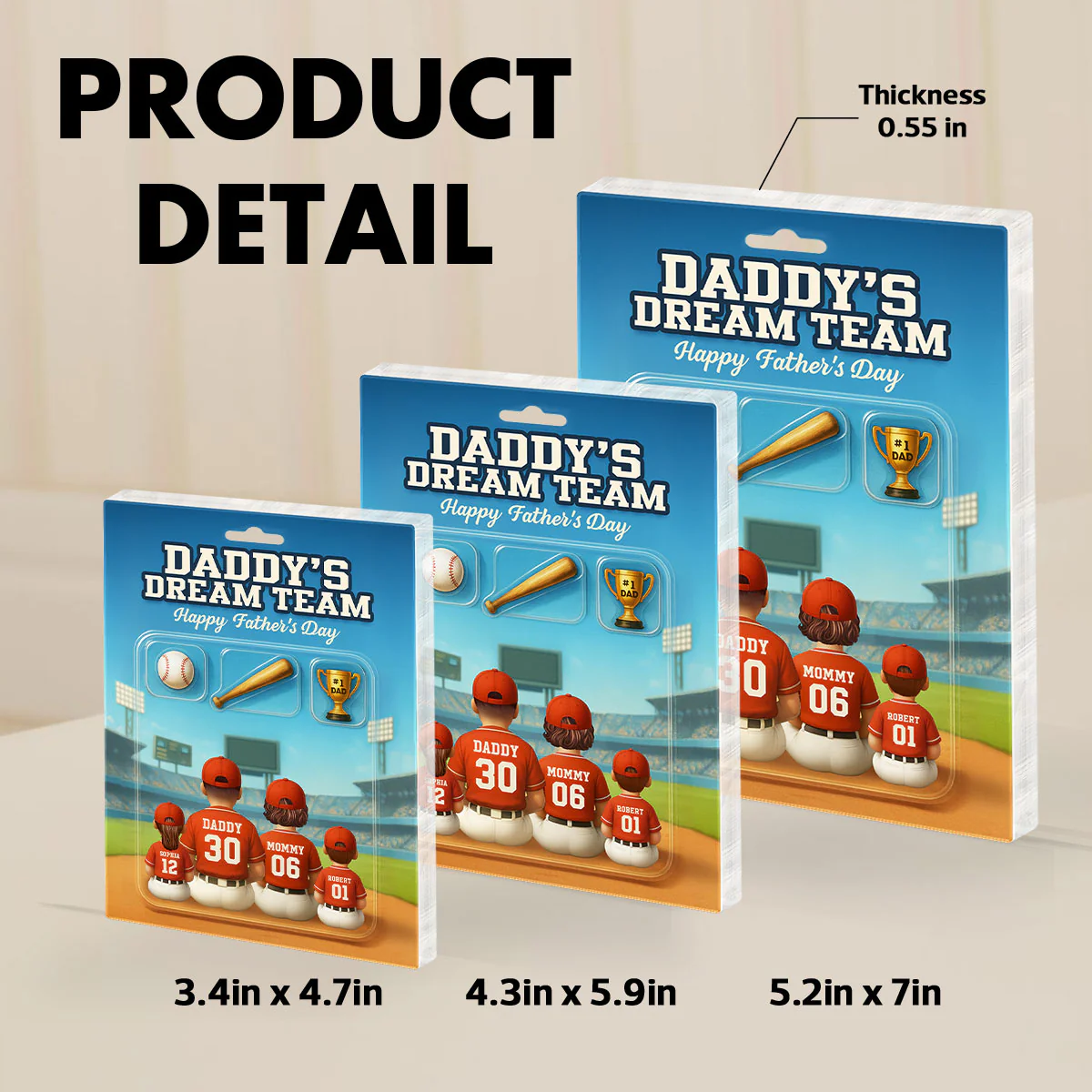 3D Effect Custom Figure Baseball Family Daddy's Dream Team Personalized Flat Acrylic Block Plaque, Unique Gift For Dad, Husband - Image 7