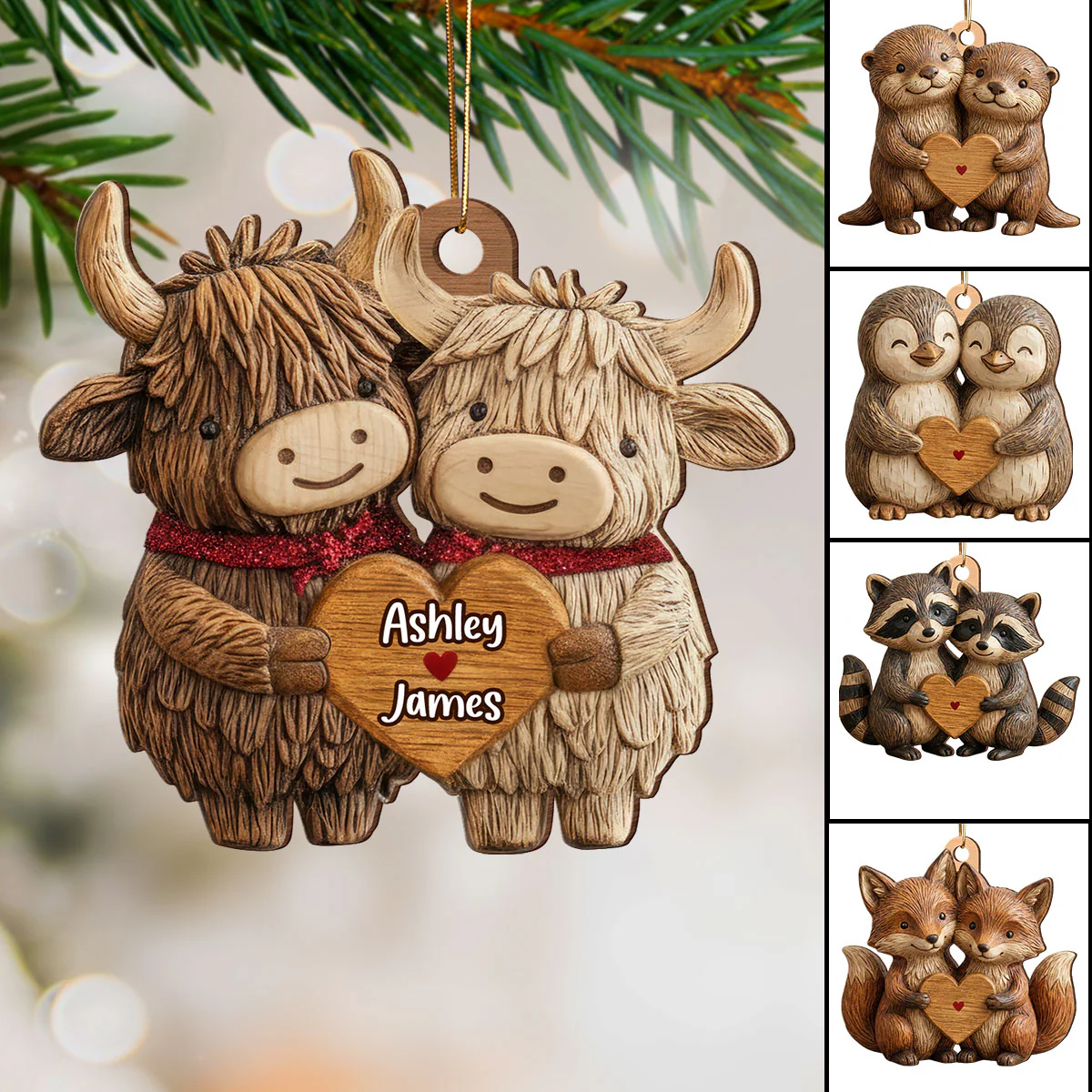 3D Effect Animal Couple Heart - Personalized Wooden Ornament - Gift For Him, Gift For Her - Image 3