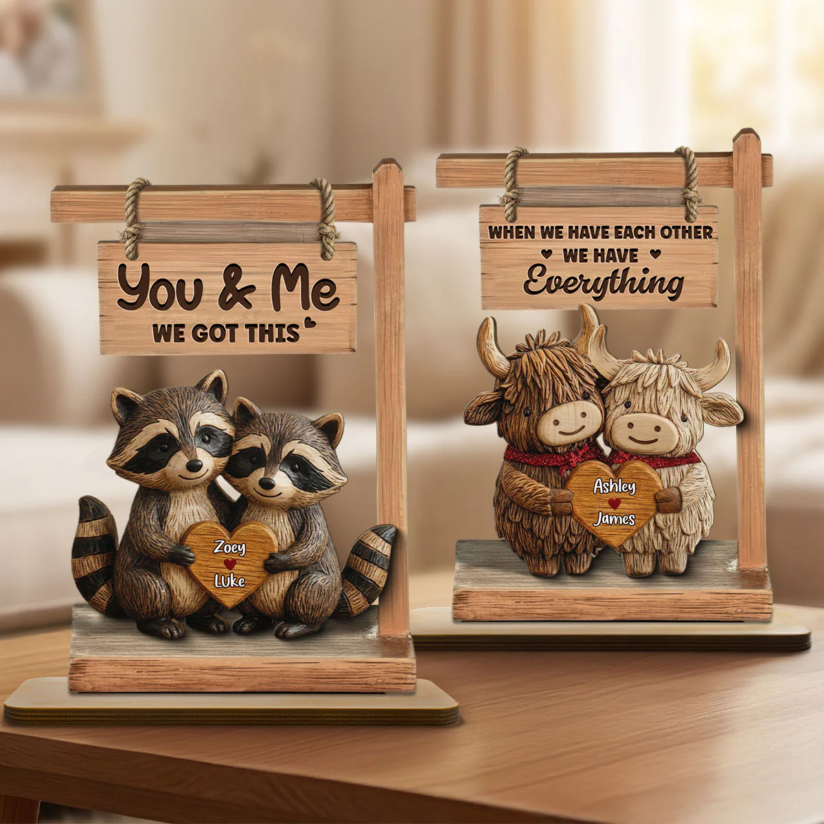 3D Effect Animal Couple Standing - Personalized Wooden Plaque - Anniversary, Valentine's Day Gift For Him, Gift For Her - Image 2