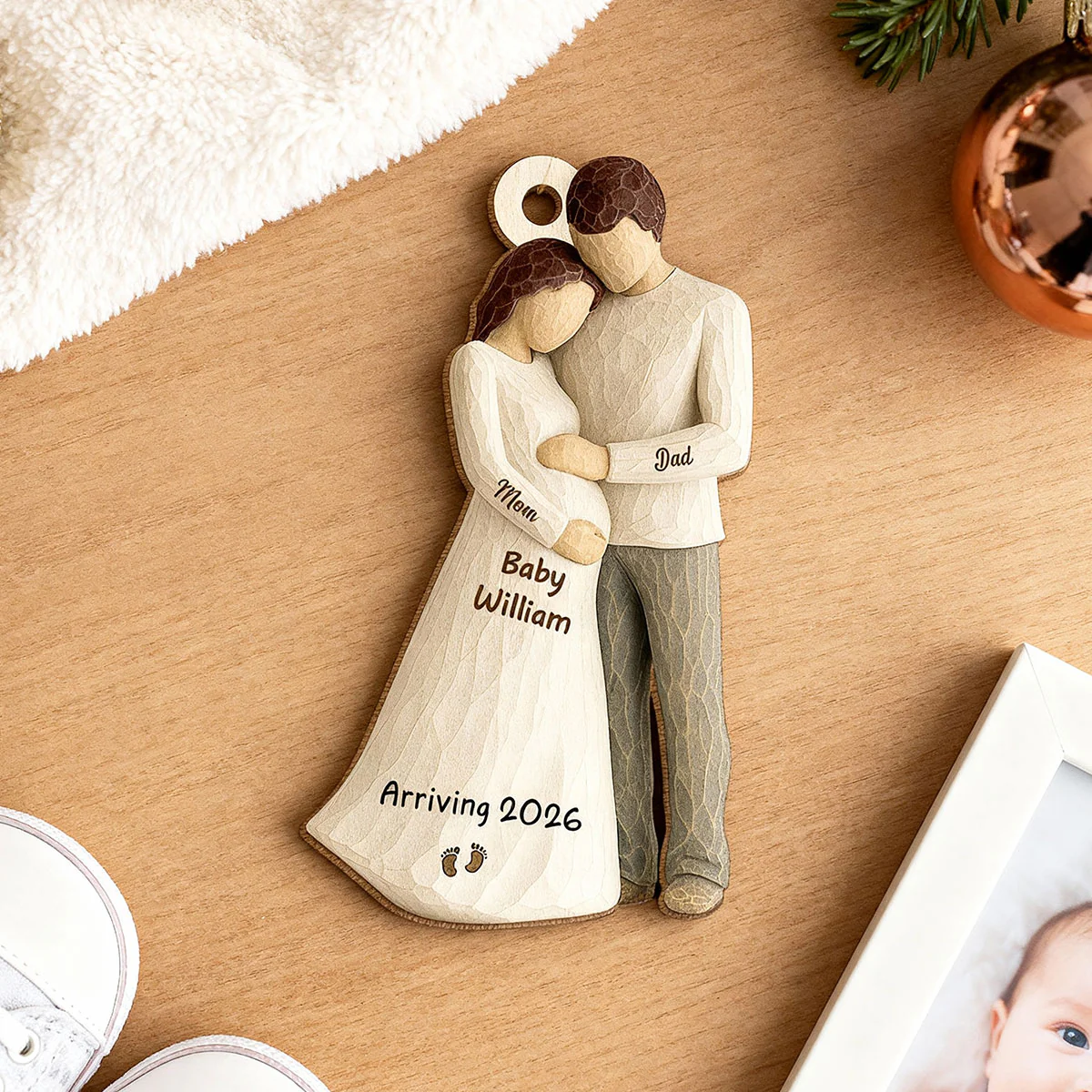 3D Effect Baby Arriving - Personalized Wooden Ornament - Couple Expecting, Pregnancy Keepsake - Image 3