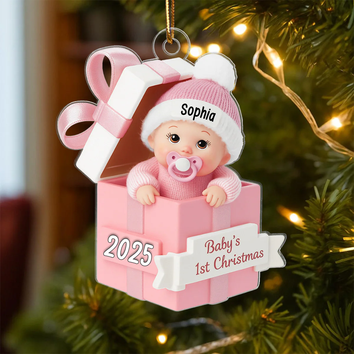 3D Effect Baby In Gift Box - Personalized Acrylic Ornament - First Christmas Keepsake - Image 3