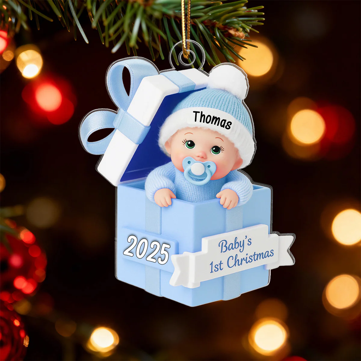 3D Effect Baby In Gift Box - Personalized Acrylic Ornament - First Christmas Keepsake - Image 4