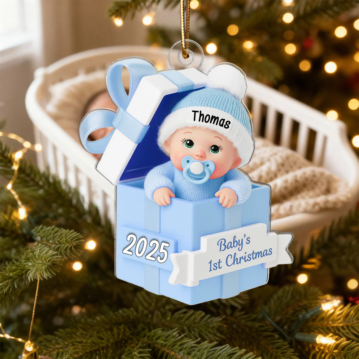 3D Effect Baby In Gift Box - Personalized Acrylic Ornament - First Christmas Keepsake - Image 5