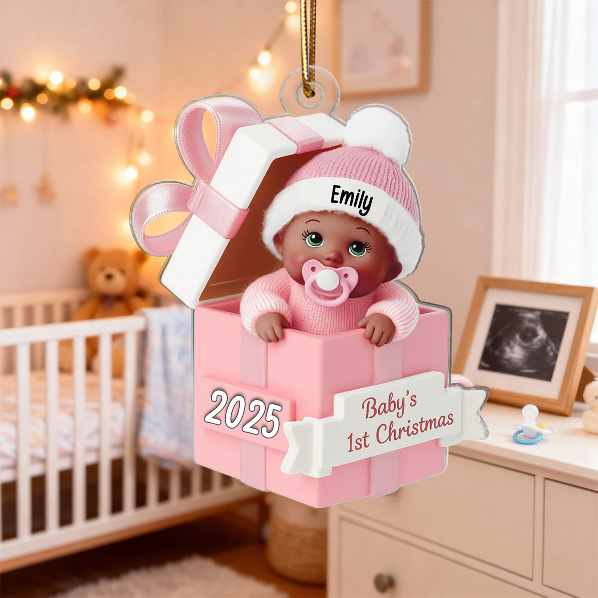 3D Effect Baby In Gift Box - Personalized Acrylic Ornament - First Christmas Keepsake - Image 6