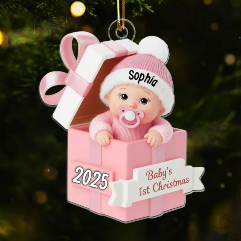3D Effect Baby In Gift Box - Personalized Acrylic Ornament - First Christmas Keepsake - Image 8