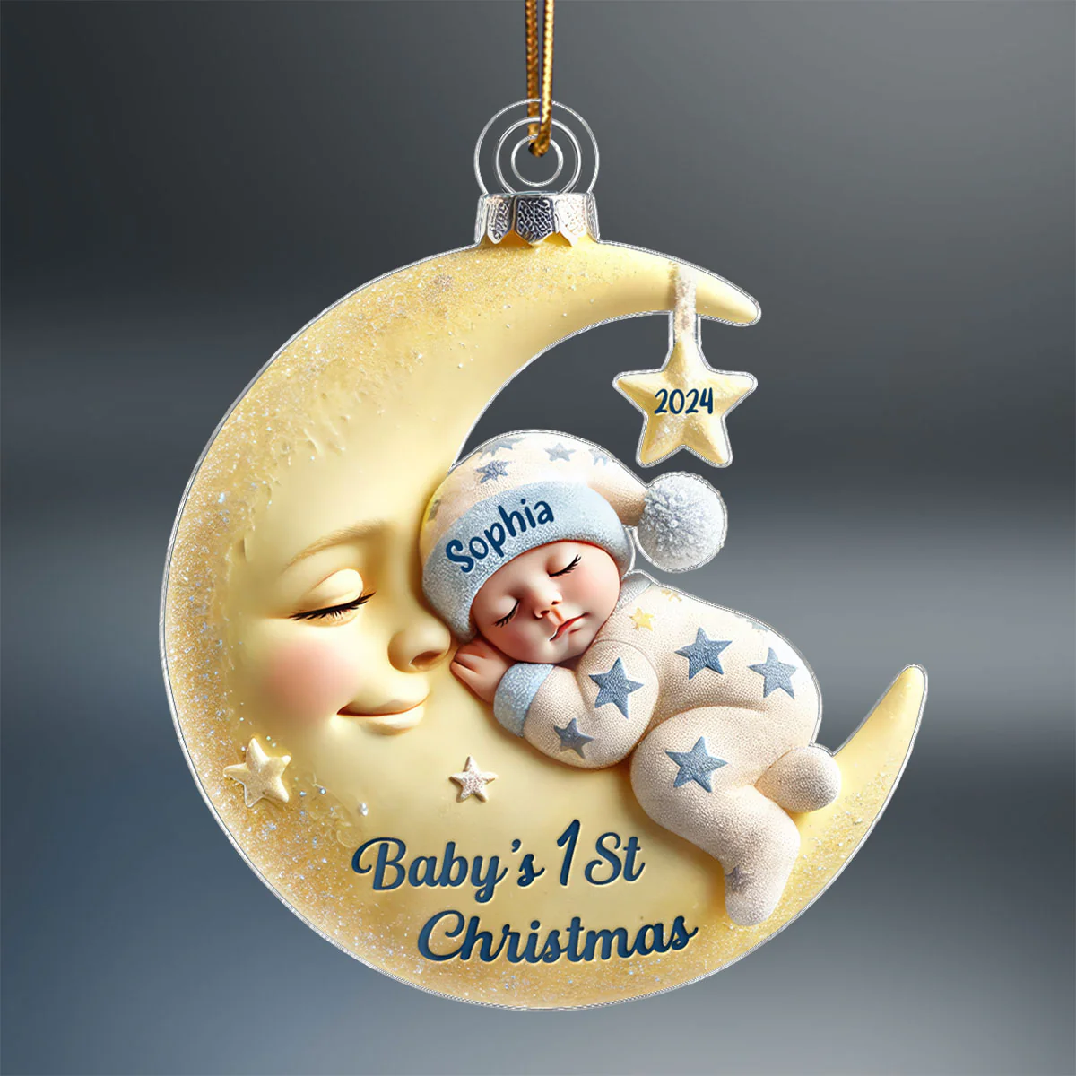 3D Effect Baby On Moon First Christmas 1st Christmas Keepsake - Personalized Acrylic Ornament - Image 2