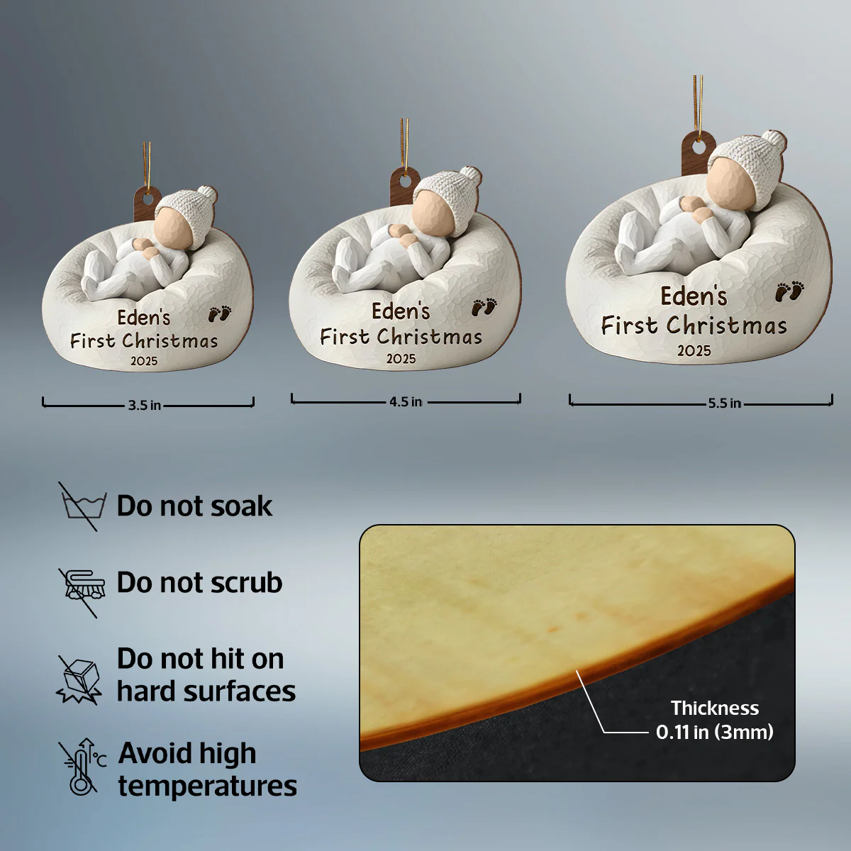 3D Effect Baby's First Christmas Baby On Beanbag Chair - Personalized Wooden Ornament - Image 7