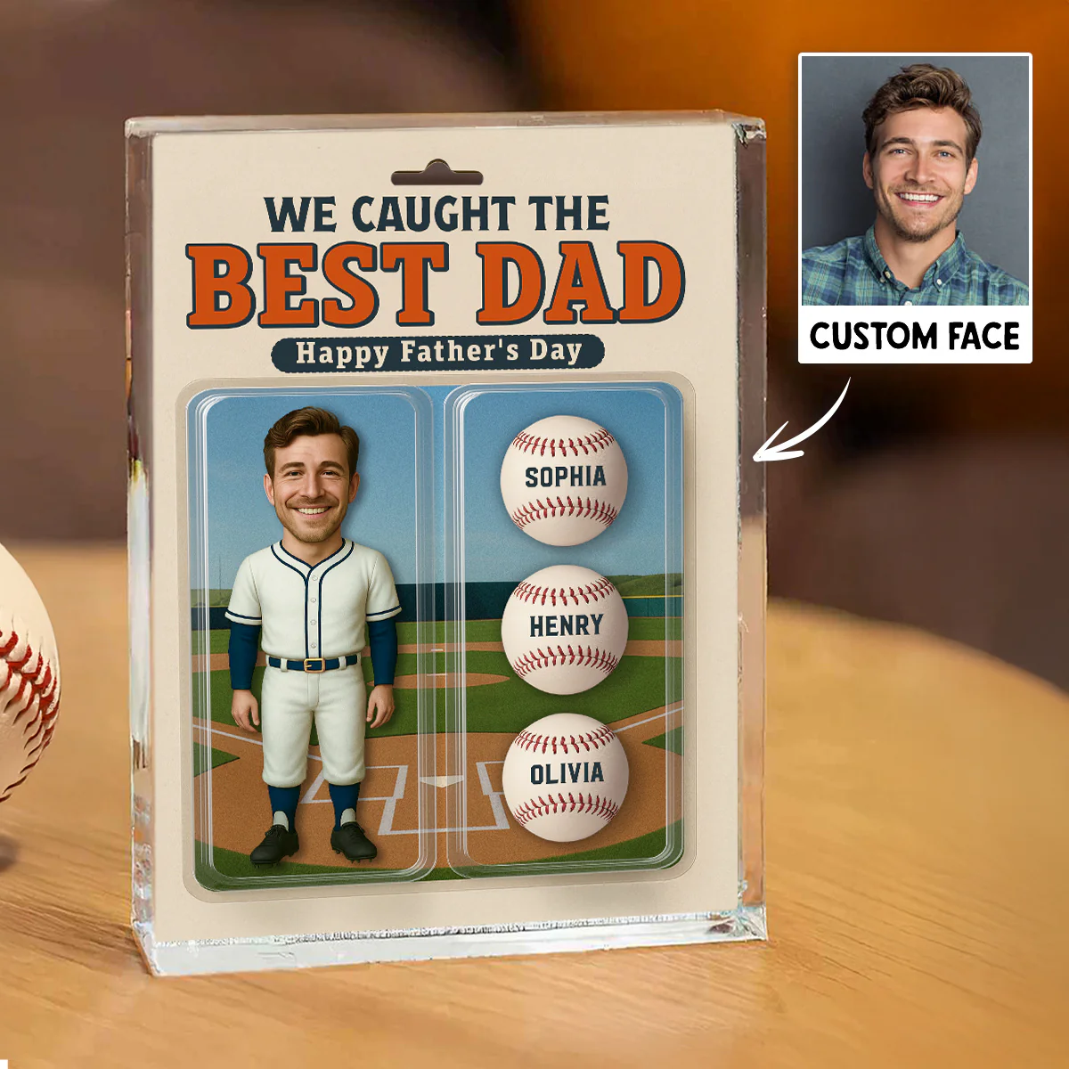 3D Effect Baseball Dad We Caught The Best Dad Custom Figure Personalized Rectangle Flat Acrylic Block Plaque - Image 5