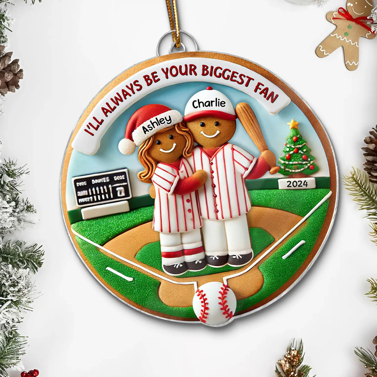 3D Effect Baseball Gingerbread Always Your Biggest Fan Personalized Acrylic Ornament - Image 5