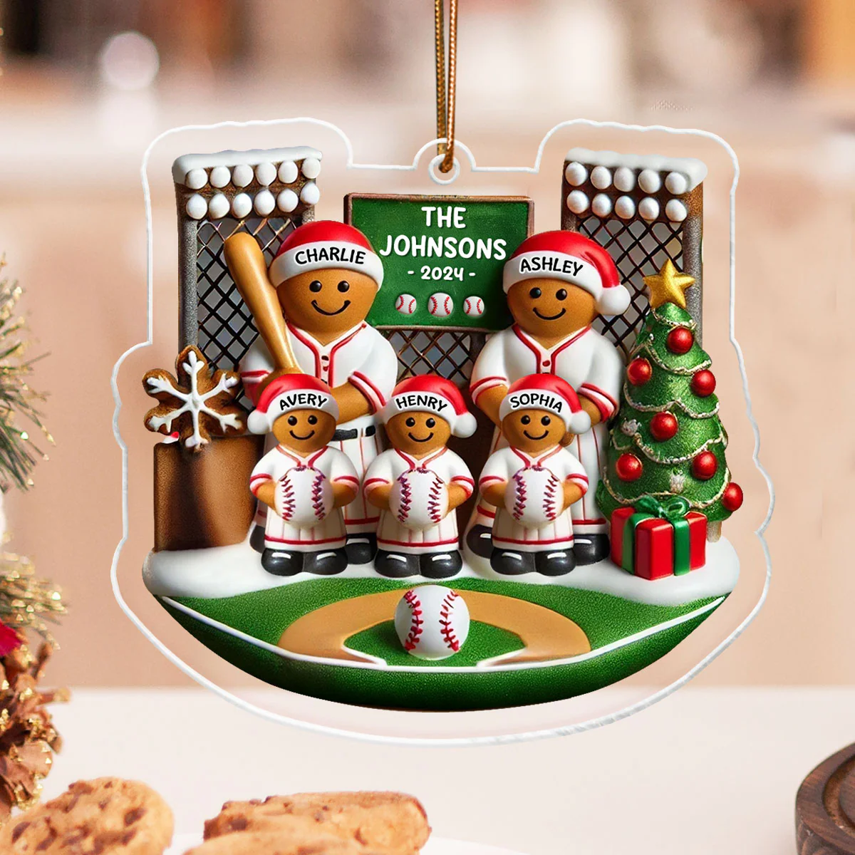 3D Effect Baseball Gingerbread Family On Field Sport Lover Personalized Acrylic Ornament - Image 2