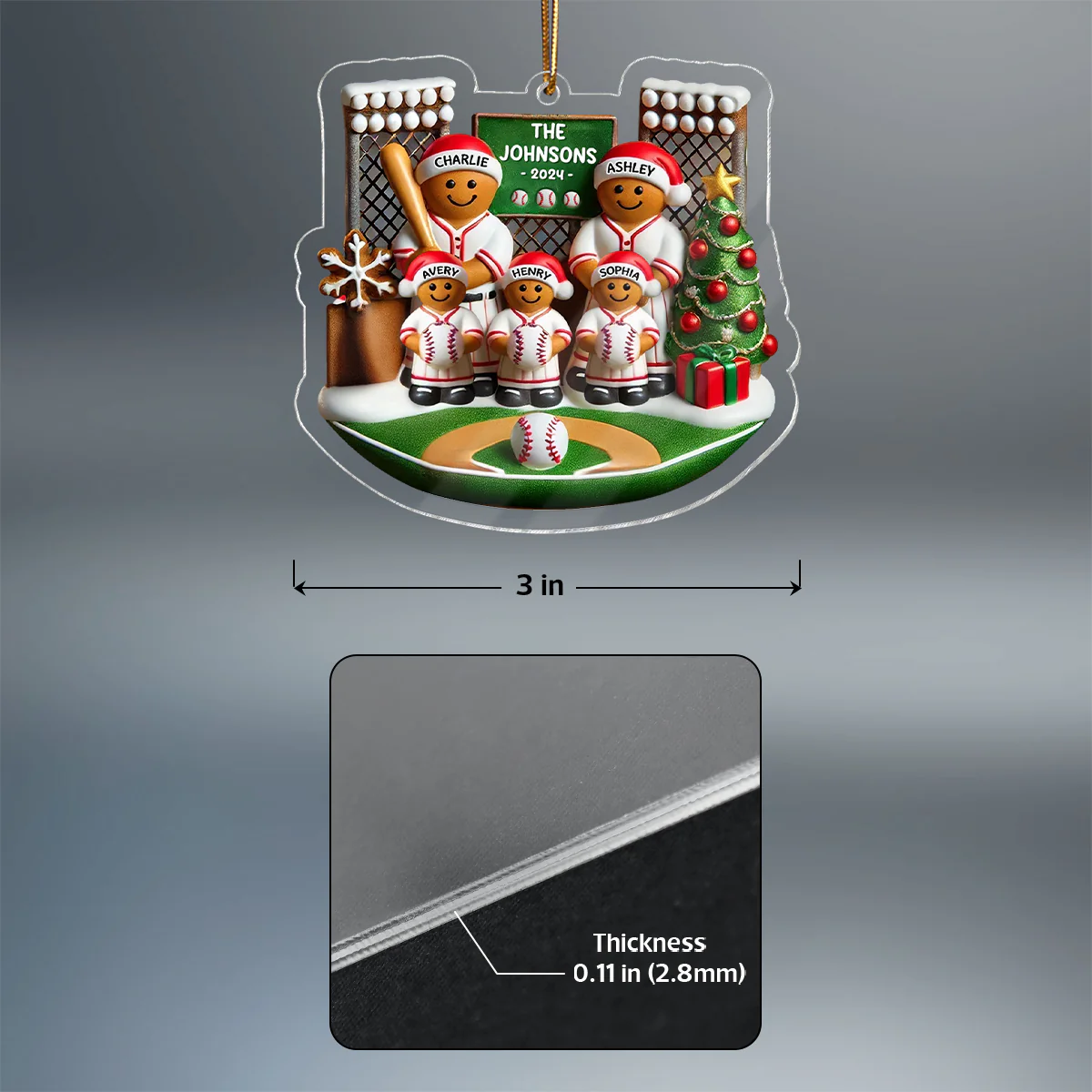 3D Effect Baseball Gingerbread Family On Field Sport Lover Personalized Acrylic Ornament - Image 7