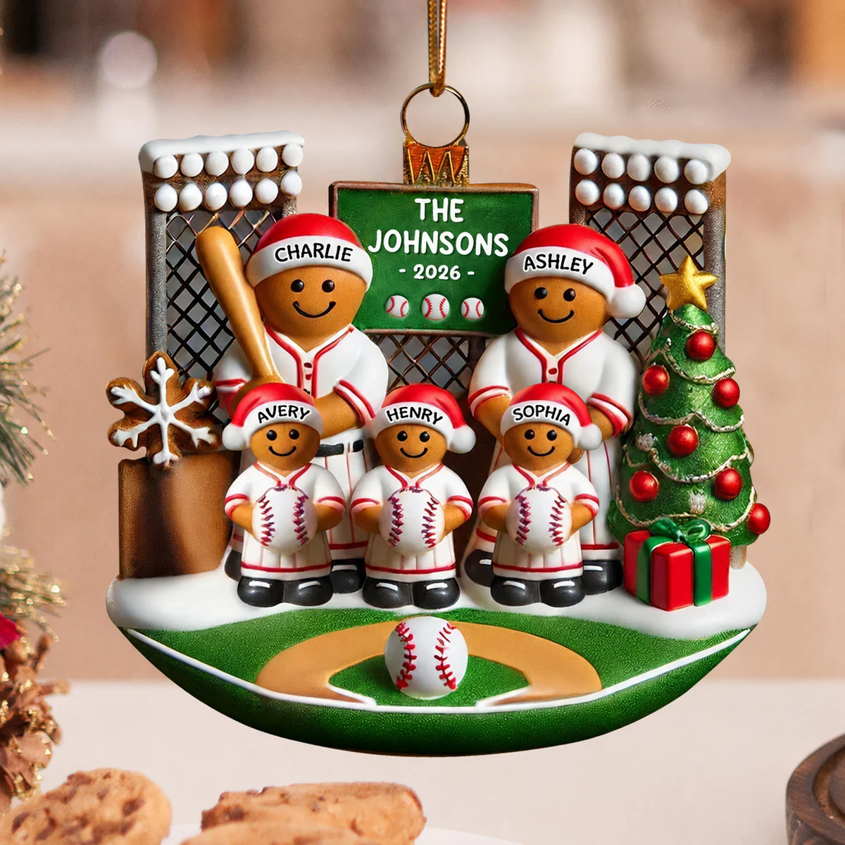 3D Effect Baseball Gingerbread Family On Field Sport Lover - Personalized Acrylic Ornament