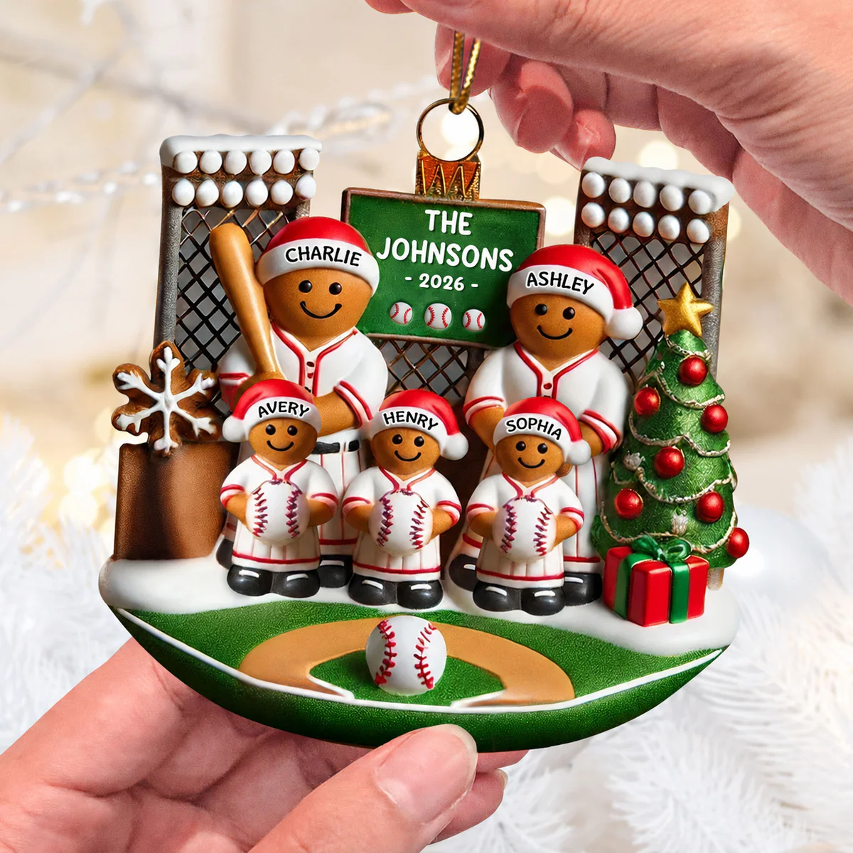 3D Effect Baseball Gingerbread Family On Field Sport Lover - Personalized Acrylic Ornament - Image 2