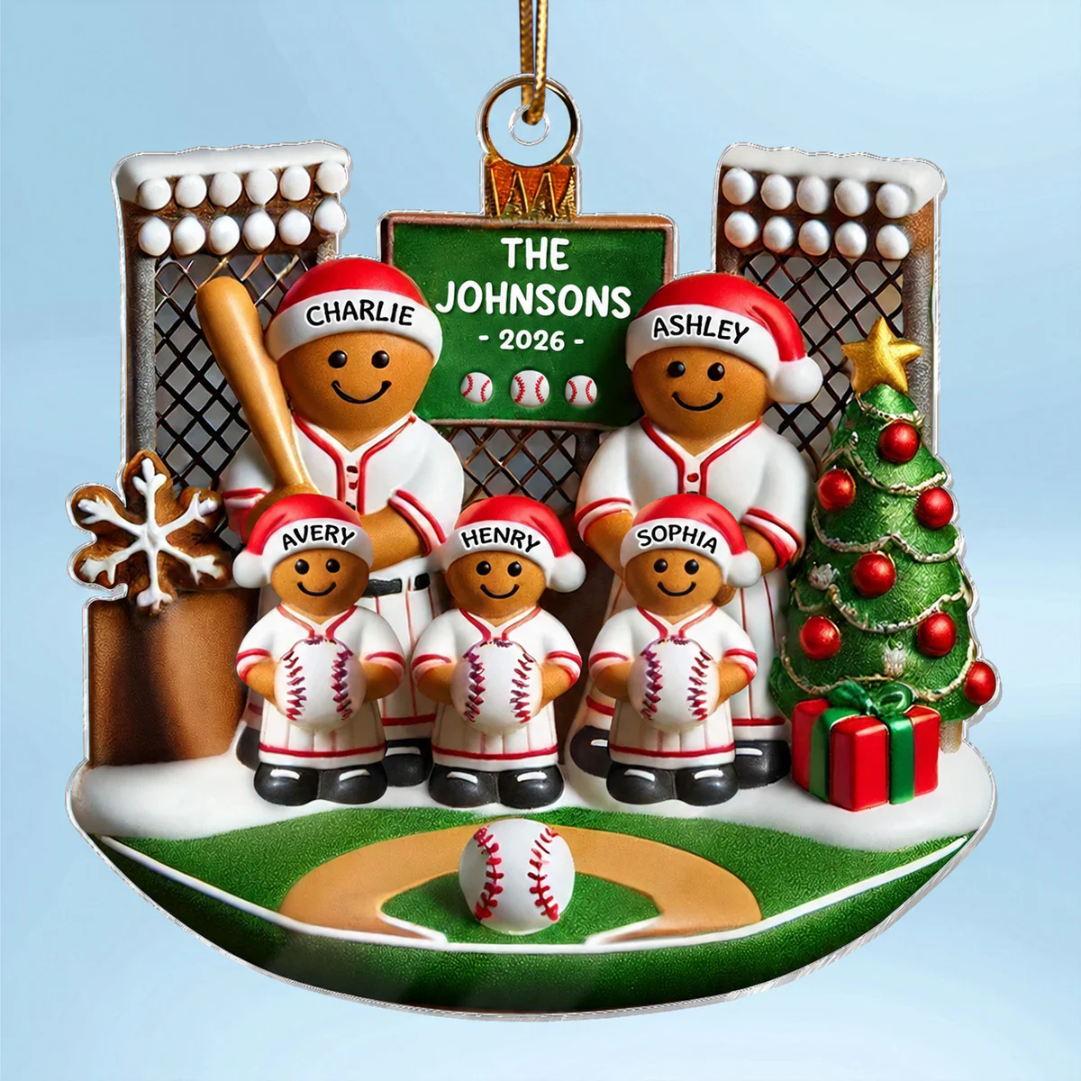 3D Effect Baseball Gingerbread Family On Field Sport Lover - Personalized Acrylic Ornament - Image 3