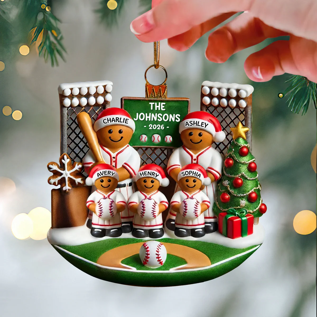 3D Effect Baseball Gingerbread Family On Field Sport Lover - Personalized Acrylic Ornament - Image 4