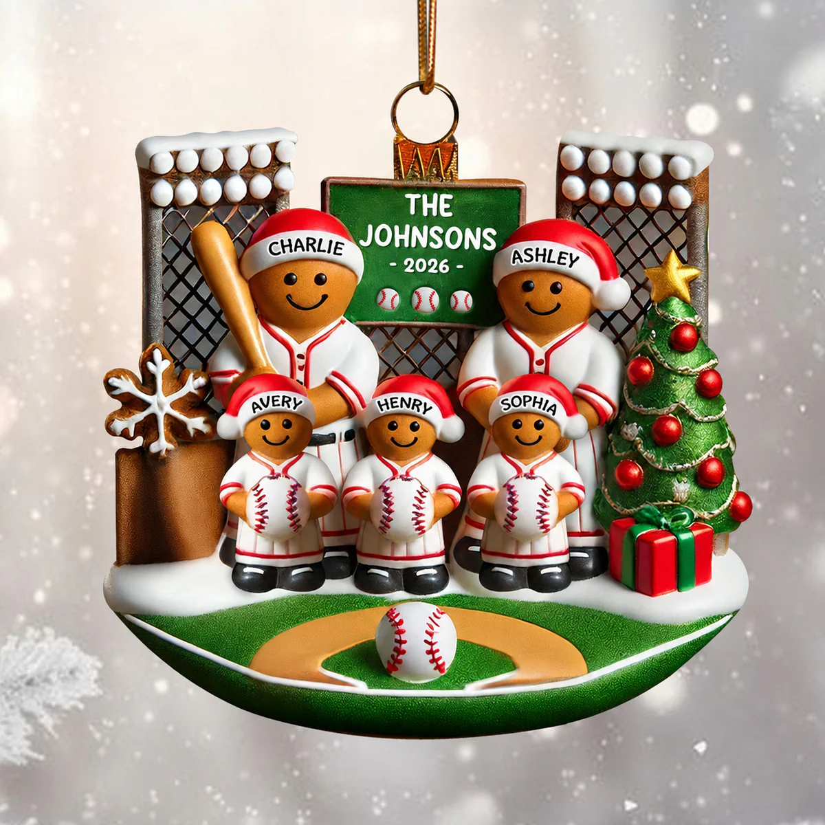 3D Effect Baseball Gingerbread Family On Field Sport Lover - Personalized Acrylic Ornament - Image 5