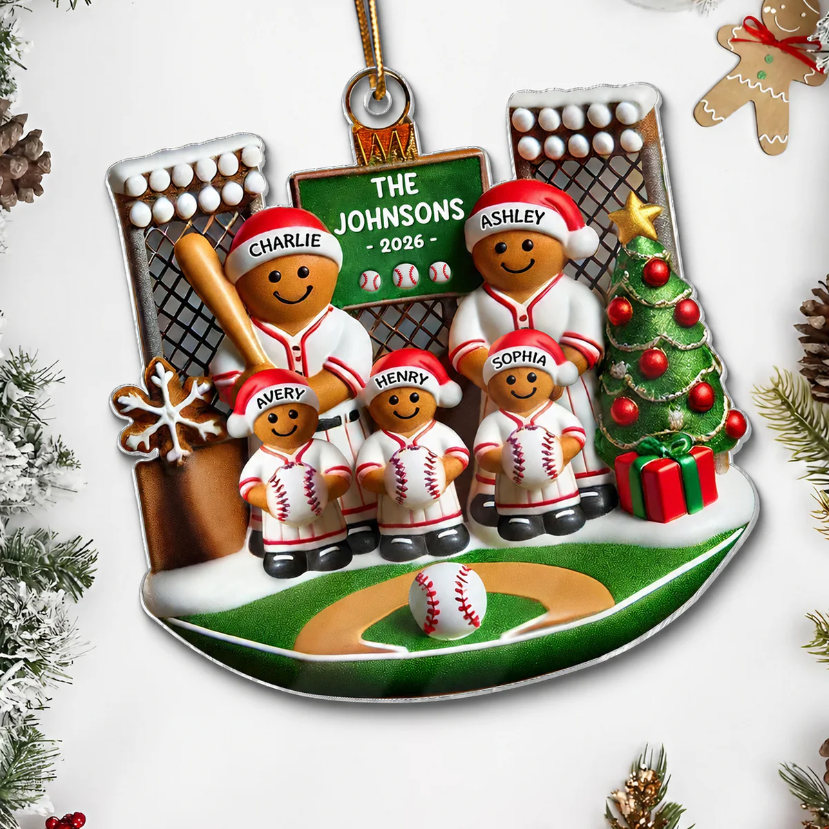 3D Effect Baseball Gingerbread Family On Field Sport Lover - Personalized Acrylic Ornament - Image 6