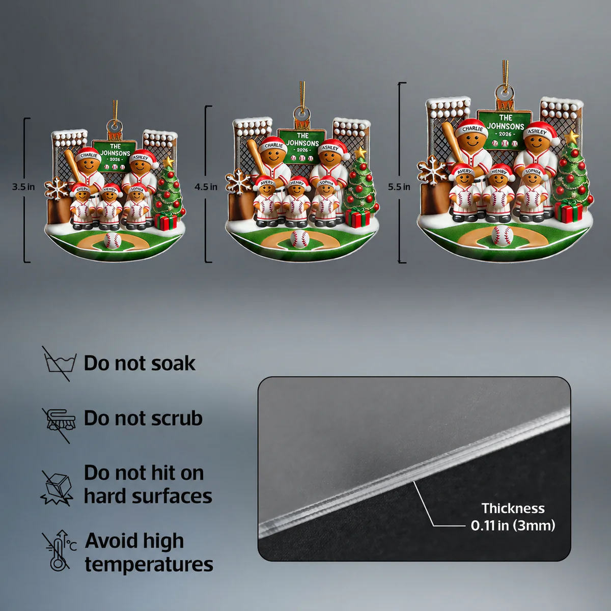 3D Effect Baseball Gingerbread Family On Field Sport Lover - Personalized Acrylic Ornament - Image 7