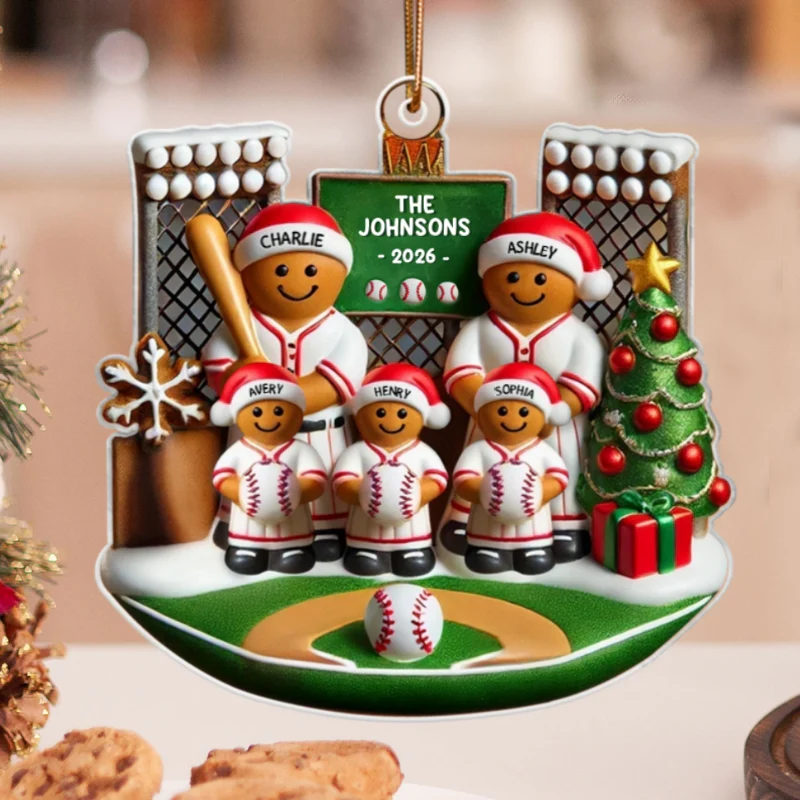 3D Effect Baseball Gingerbread Family On Field Sport Lover - Personalized Acrylic Ornament - Image 8