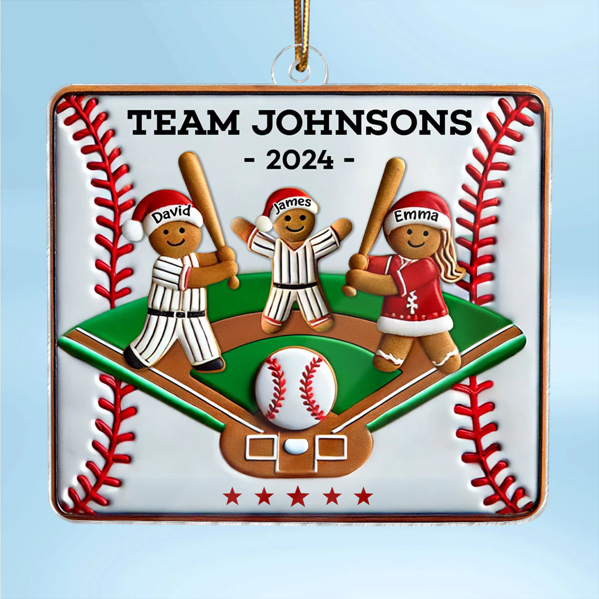 3D Effect Baseball Gingerbread Family Playing On Field Sport Lover Personalized Acrylic Ornament - Image 2