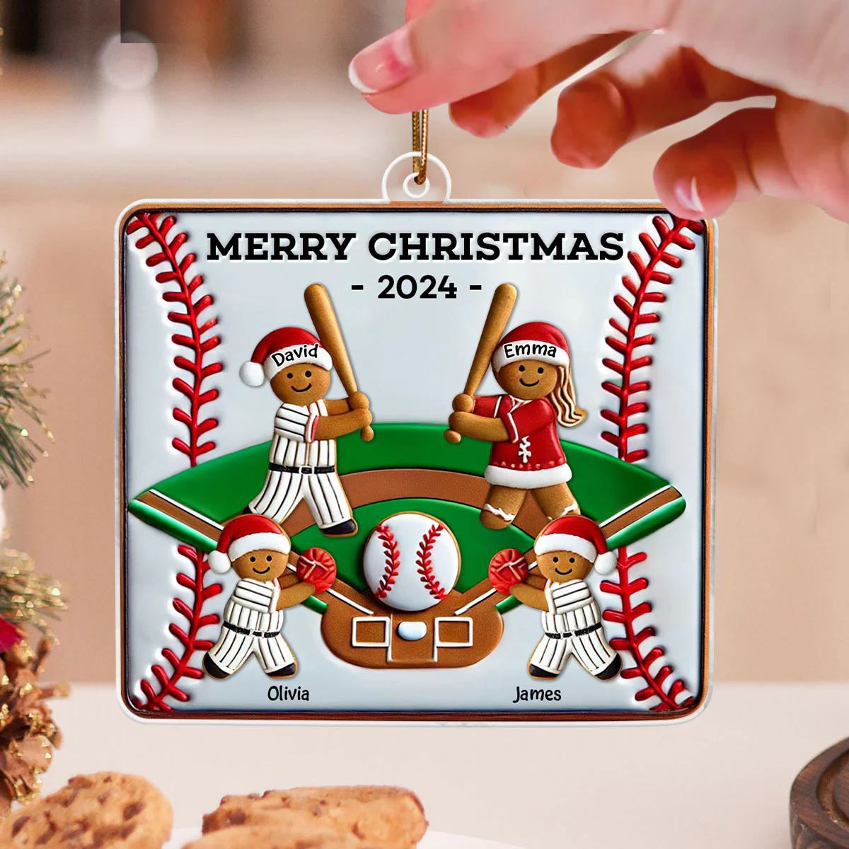 3D Effect Baseball Gingerbread Family Playing On Field Sport Lover Personalized Acrylic Ornament - Image 3