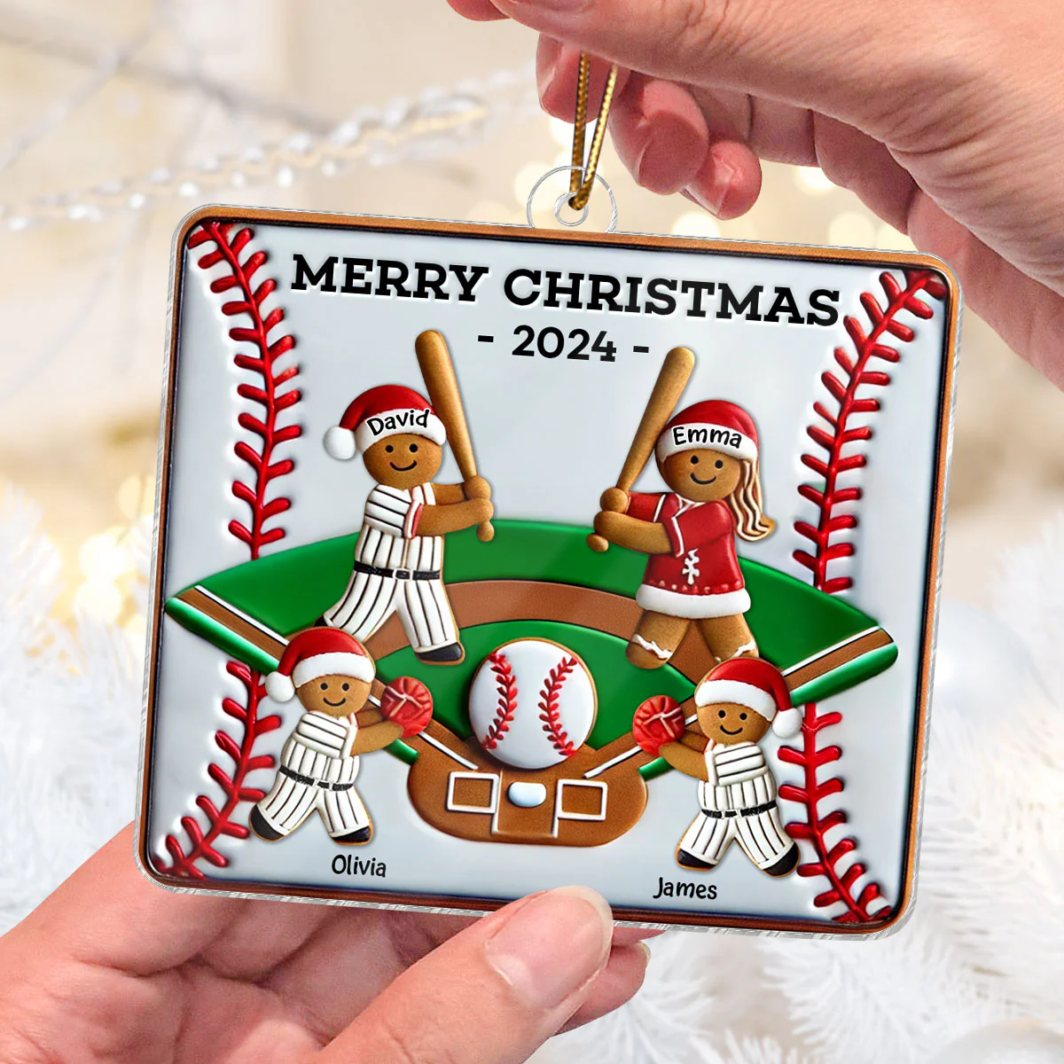 3D Effect Baseball Gingerbread Family Playing On Field Sport Lover Personalized Acrylic Ornament - Image 4