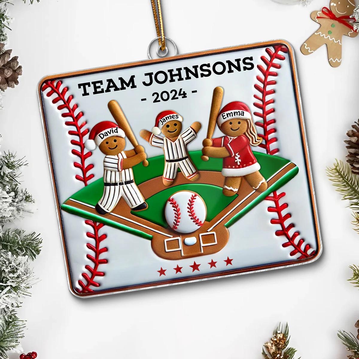 3D Effect Baseball Gingerbread Family Playing On Field Sport Lover Personalized Acrylic Ornament - Image 5