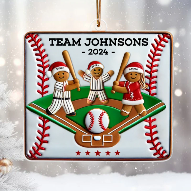 3D Effect Baseball Gingerbread Family Playing On Field Sport Lover Personalized Acrylic Ornament - Image 7