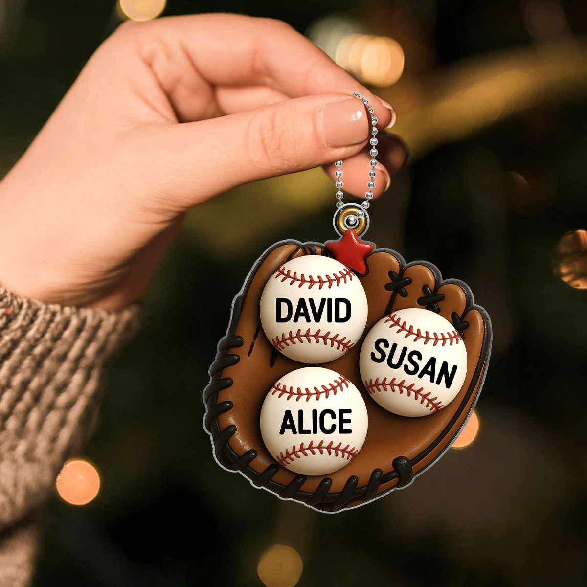 3D Effect Baseball, Softball Gloves Family Members' Names Personalized Acrylic Ornament, Christmas Tree Decoration - Image 3
