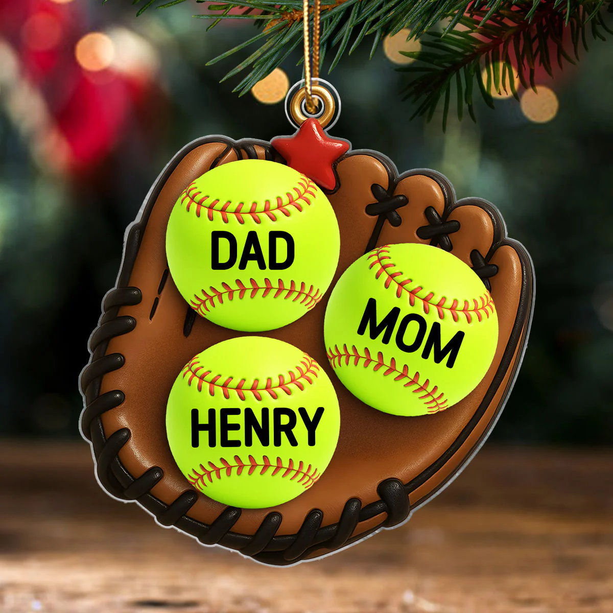 3D Effect Baseball, Softball Gloves Family Members' Names Personalized Acrylic Ornament, Christmas Tree Decoration - Image 4