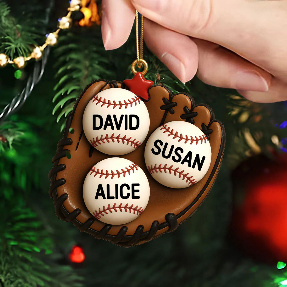 3D Effect Baseball Gloves Family Members' Names Personalized Acrylic Ornament, Christmas Tree Decoration - Image 2