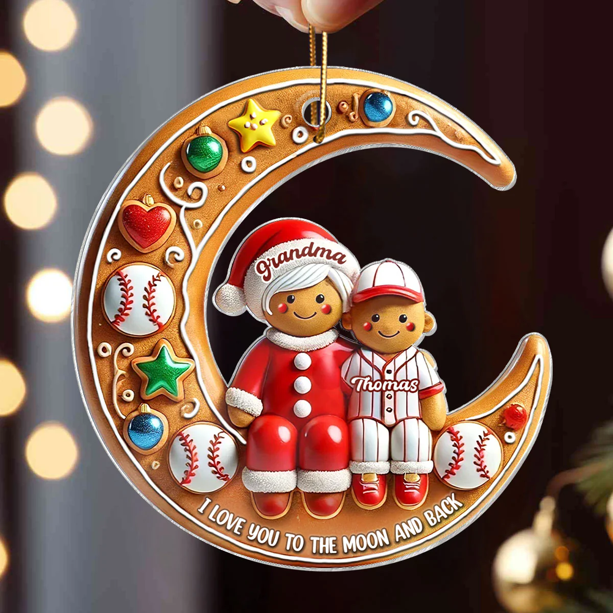 3D Effect Baseball Grandma & Grandkid On The Moon Personalized Acrylic Ornament, Christmas Gift For Grandkids - Image 5
