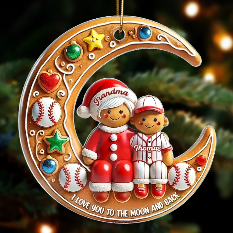 3D Effect Baseball Grandma & Grandkid On The Moon Personalized Acrylic Ornament, Christmas Gift For Grandkids - Image 7