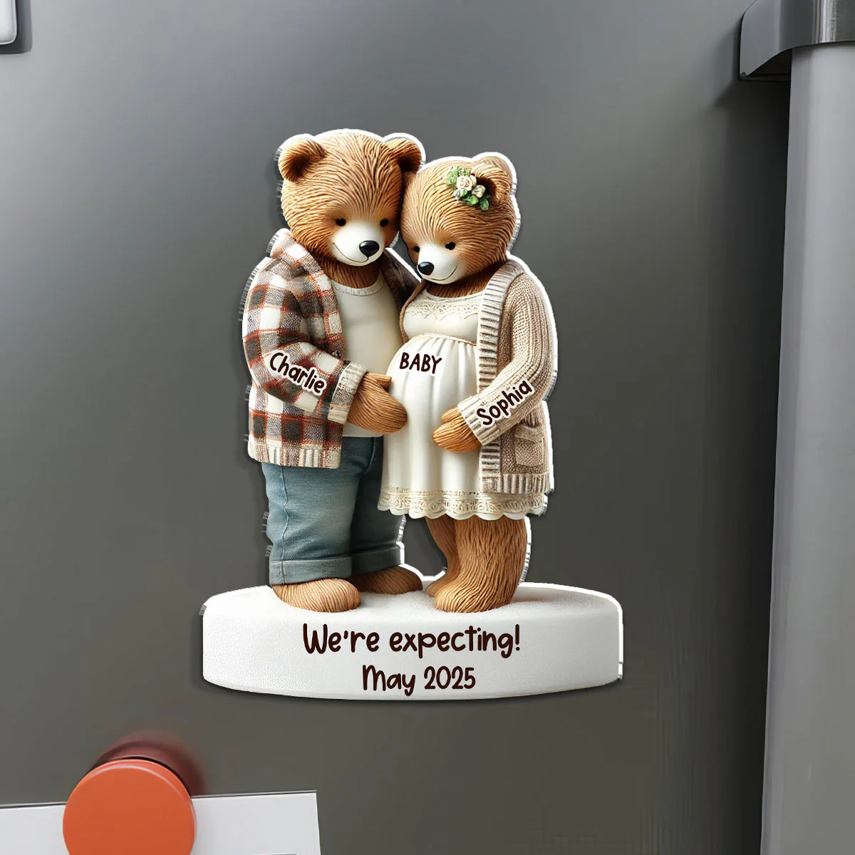 3D Effect Bear Couple Expecting New Baby Pregnancy Announcement Keepsake Personalized Acrylic Fridge Magnet - Image 4