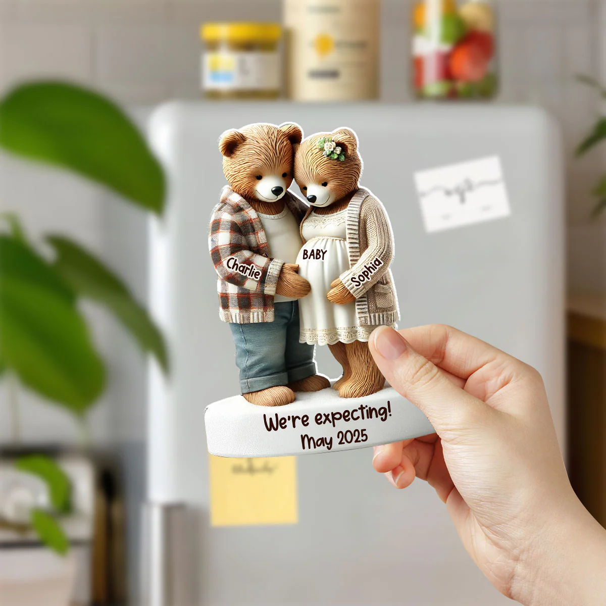 3D Effect Bear Couple Expecting New Baby Pregnancy Announcement Keepsake Personalized Acrylic Fridge Magnet - Image 5